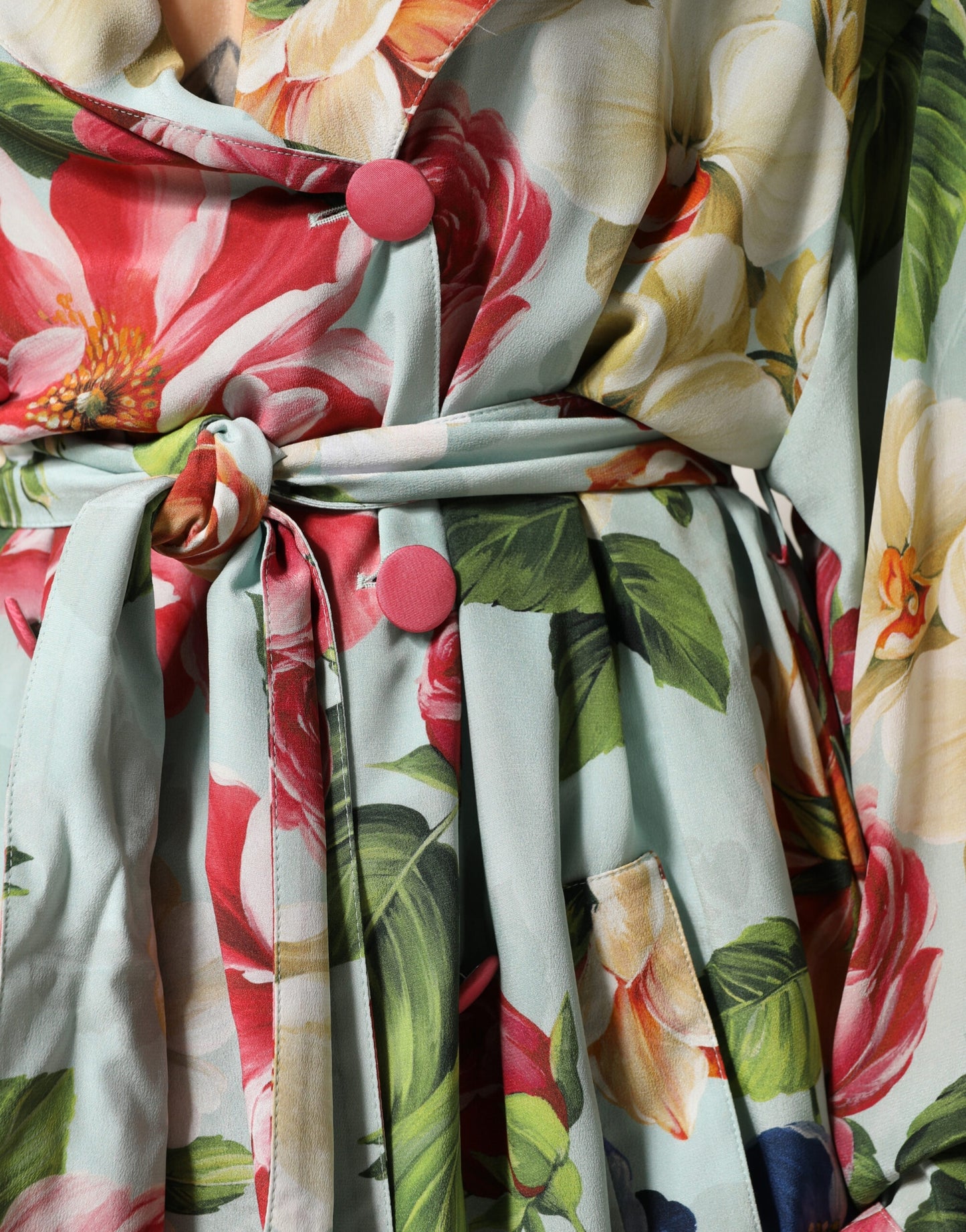 Green Floral Silk Wrap Midi Long Sleeve Dress