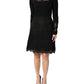 Black Lace Sheer Panel Midi Long Sleeve  Dress