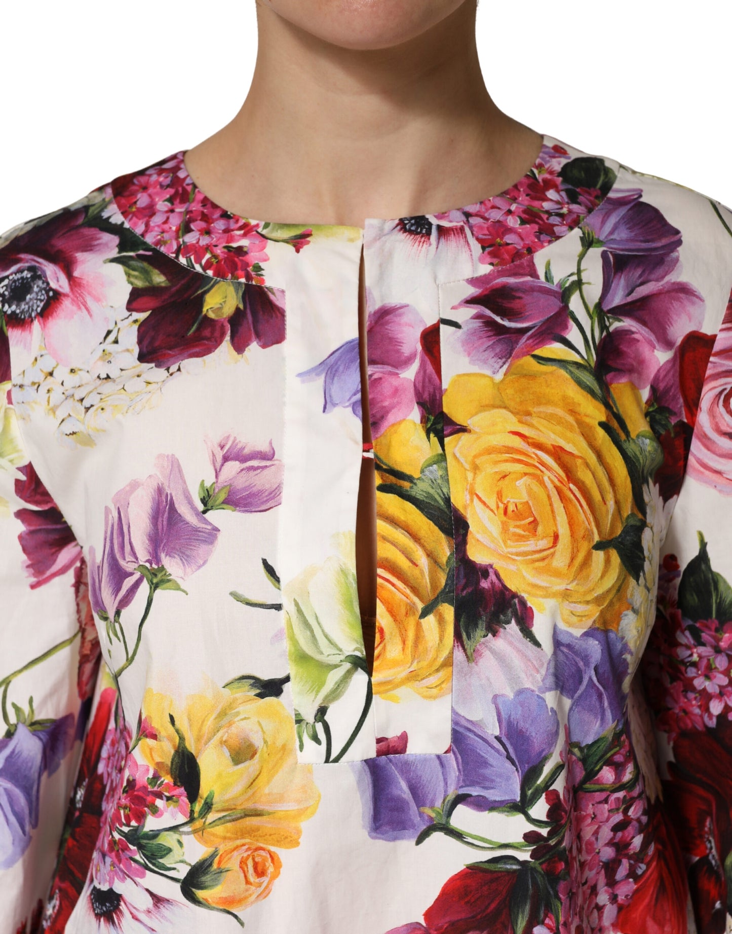 Multicolor Floral Cotton Longsleeves Midi Dress