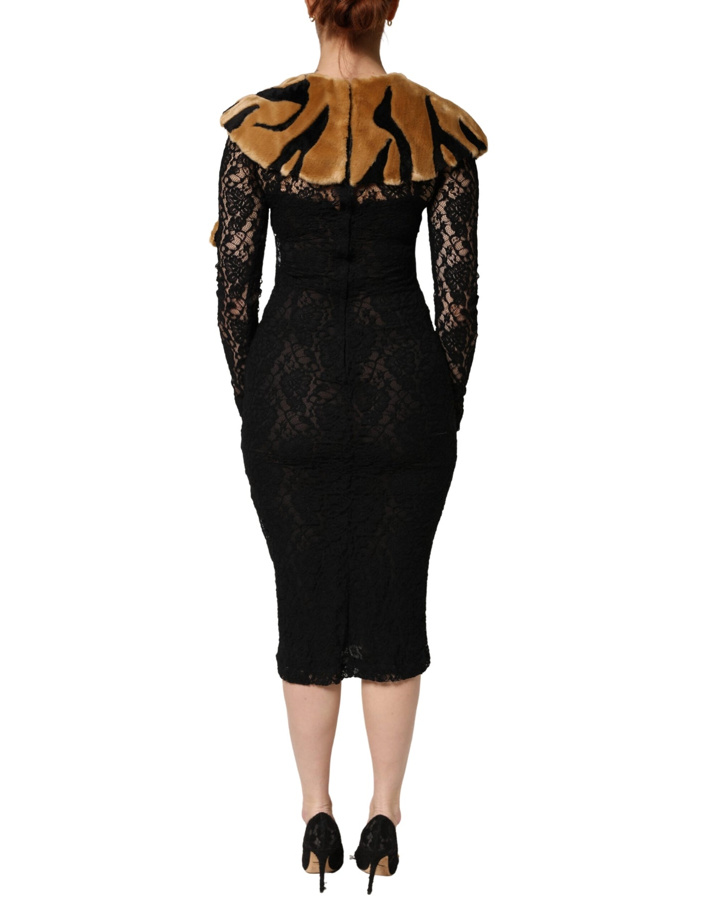 Black Lace Faux Fur Tiger Appliqué Sheath Dress