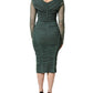 Green Ruched Mesh Sheer Sleeves Midi Dress