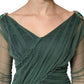 Green Ruched Mesh Sheer Sleeves Midi Dress