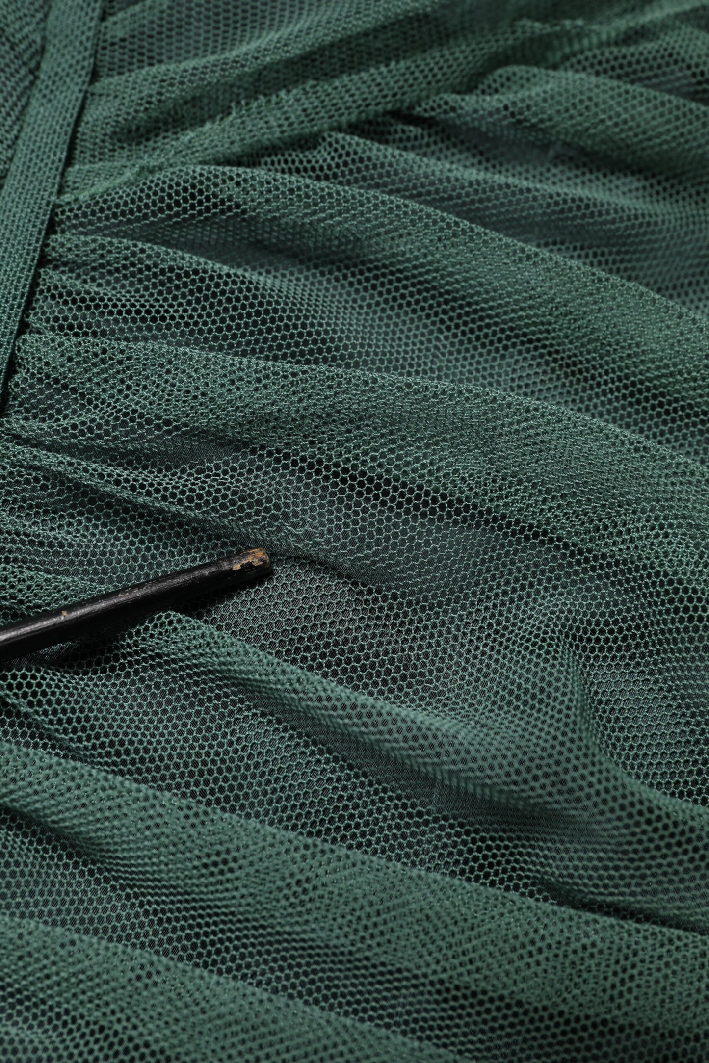 Green Ruched Mesh Sheer Sleeves Midi Dress