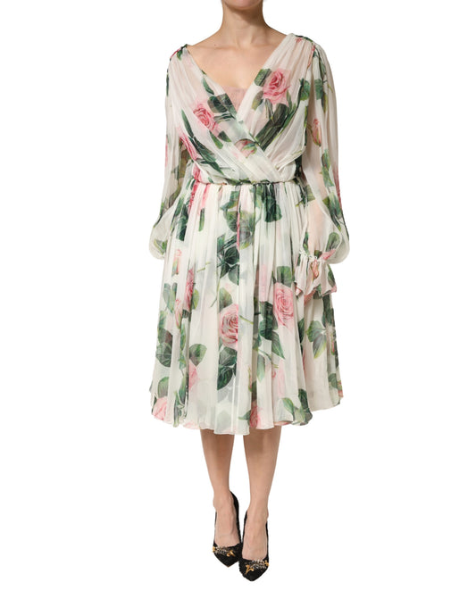 Floral Rose Ivory Silk Blend Longsleeve Dress