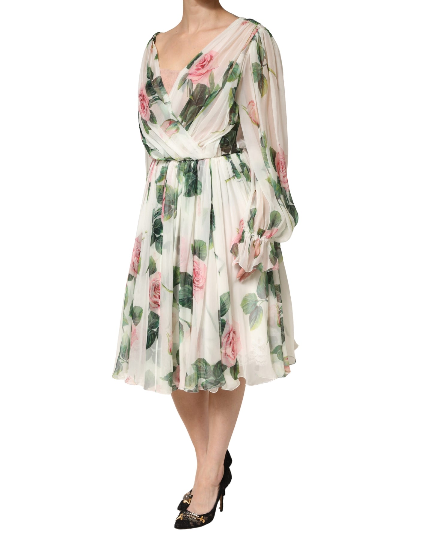 Floral Rose Ivory Silk Blend Longsleeve Dress
