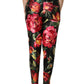 Black Floral Silk Mid Waist Tailored Trousers Pants