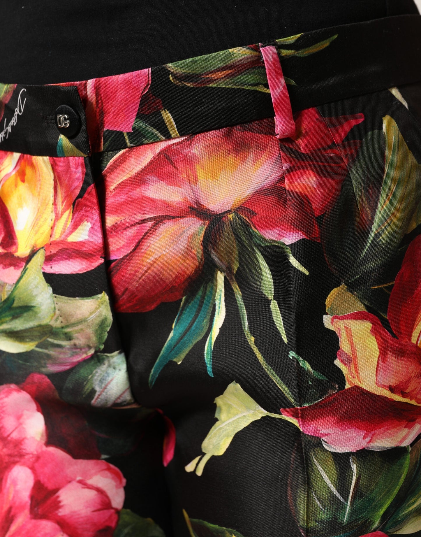 Black Floral Silk Mid Waist Tailored Trousers Pants