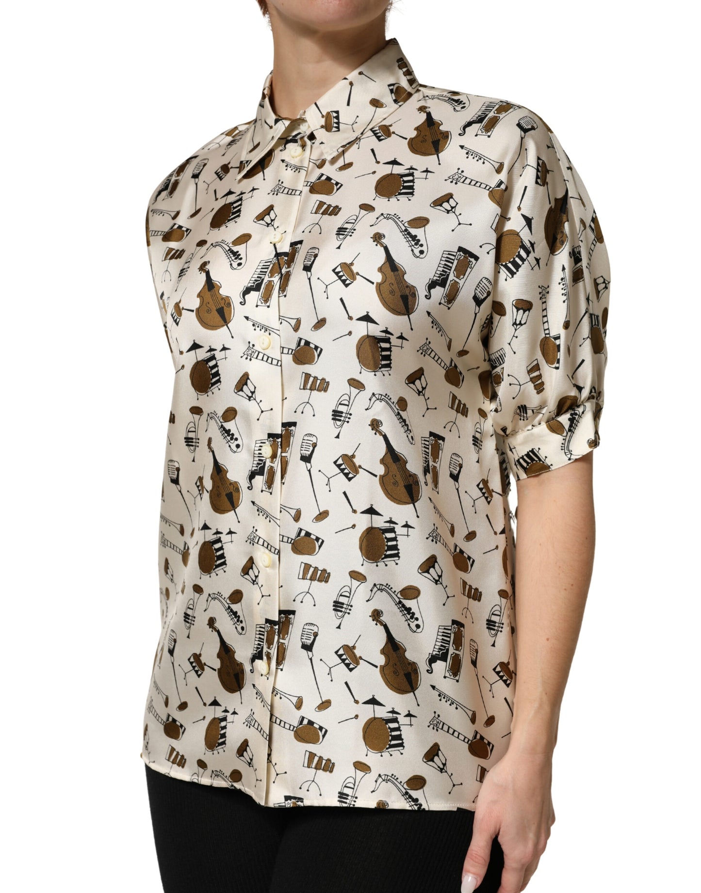 Beige Musical Instrument Print Short Sleeve Top