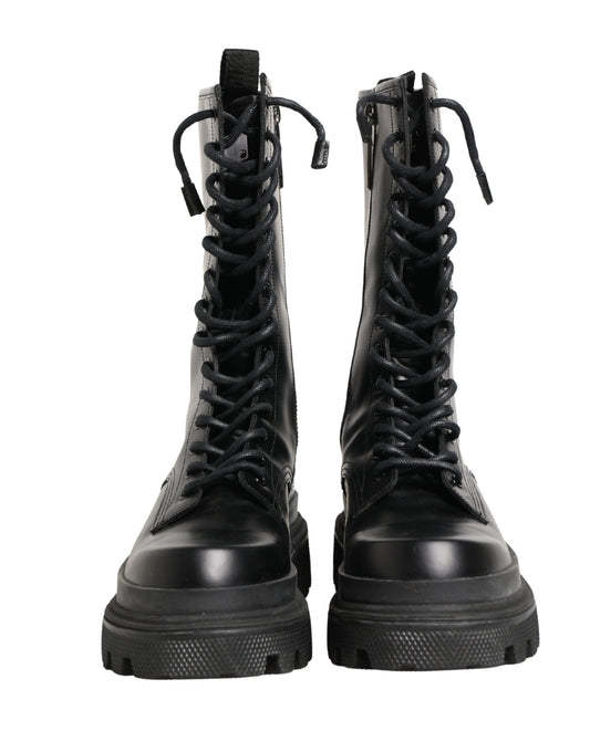 Black Leather Trek Sole Combat Boots Shoes