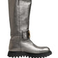Metallic Silver Leather Mid Calf Boots Shoes