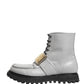 Gray Leather Logo Plaque Ankle Boots Shoes