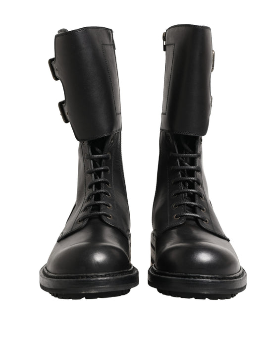 Black Leather Belted Buckle Combat Boots Shoes