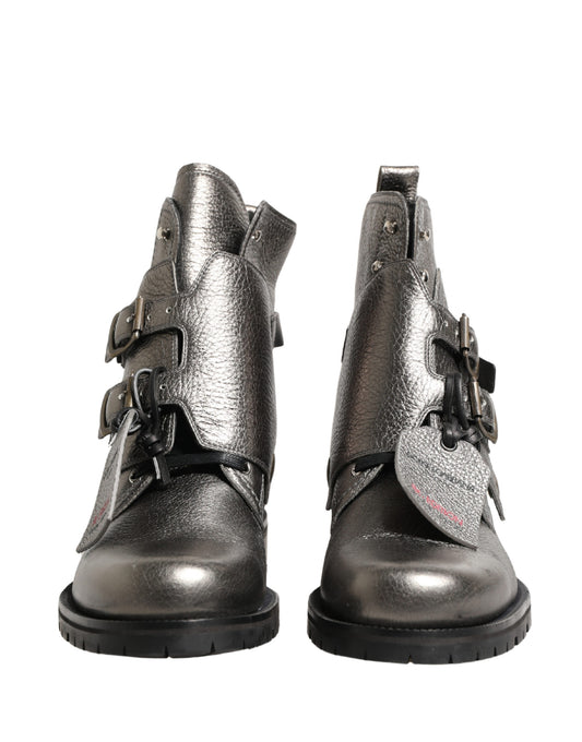 Metallic Silver Leather Buckle Ankle Boots Shoes
