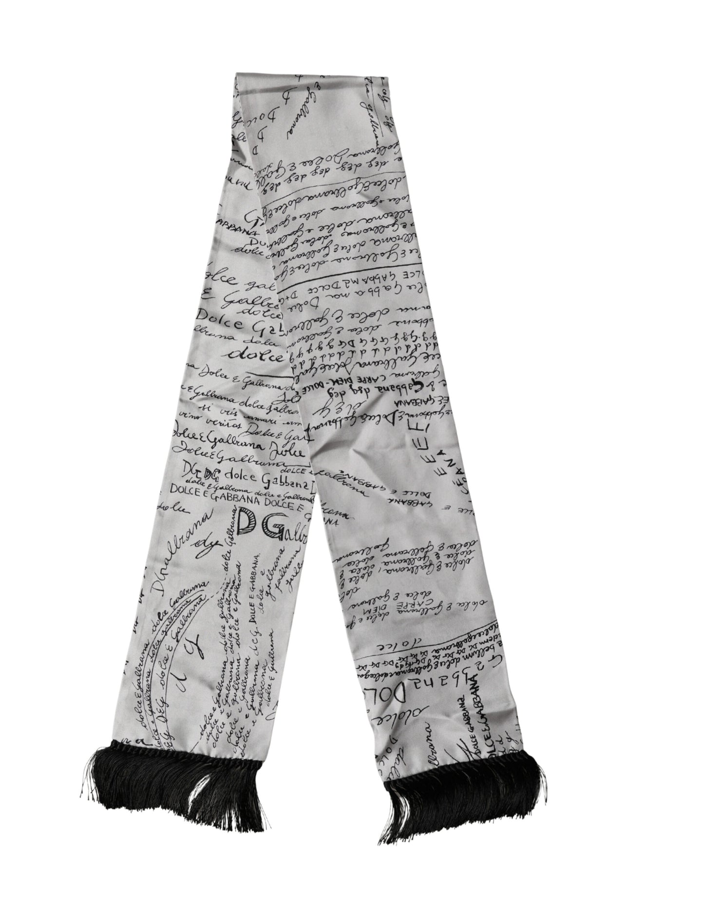 Scarf White Silk Script Logo Print Fringe 150cm x15cm Men