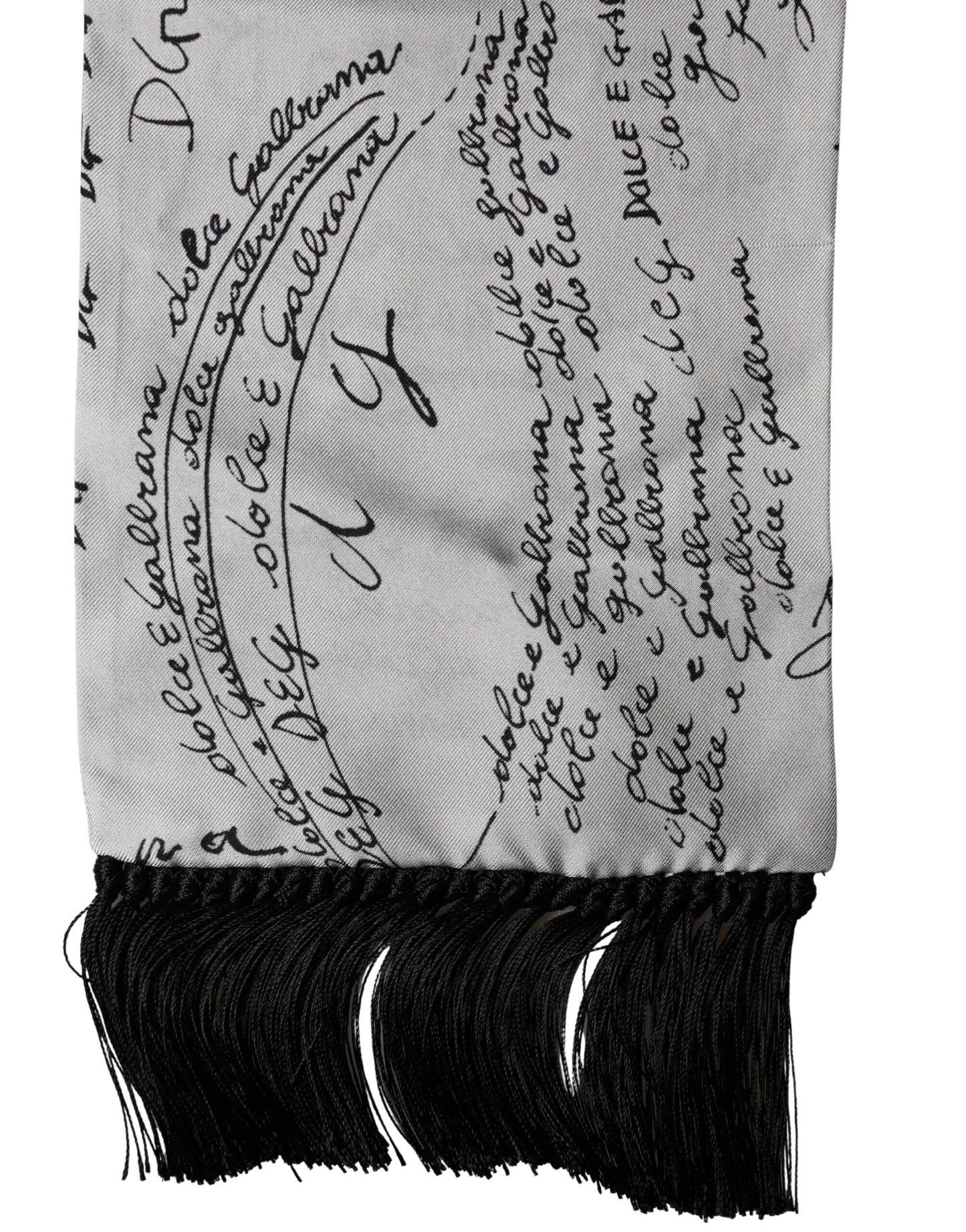 Scarf White Silk Script Logo Print Fringe 150cm x15cm Men