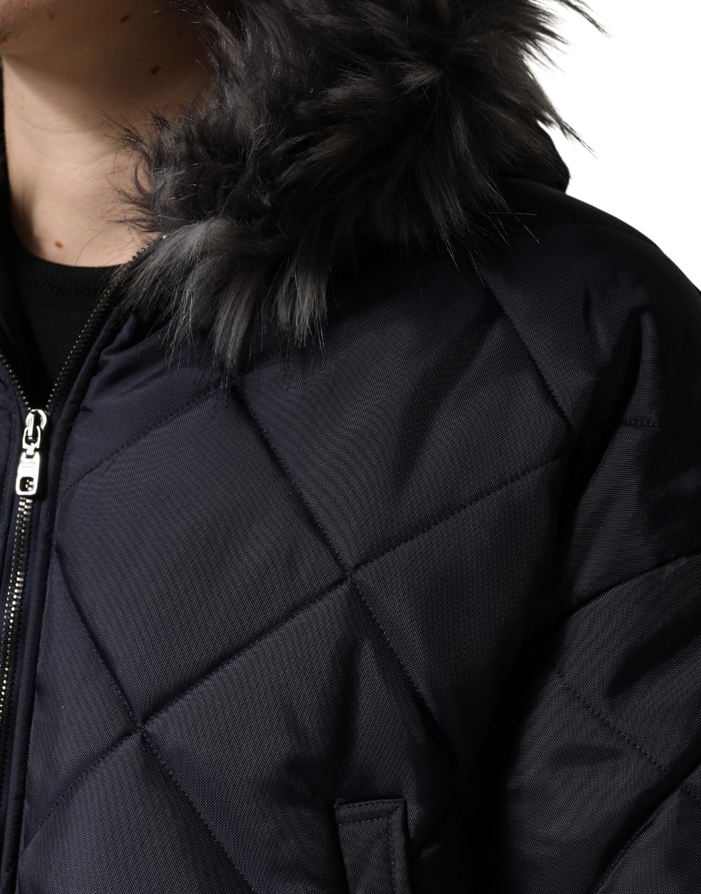 Black Quilted Fur Shearling Hooded  Jacket