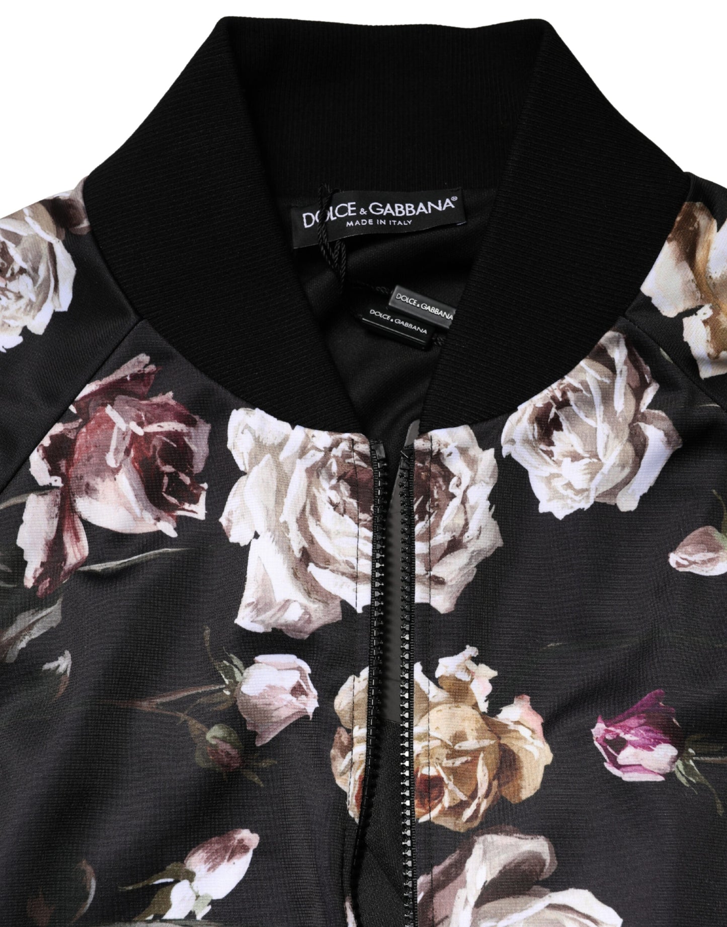Black Floral Polyester Full Zip Bomber Jacket