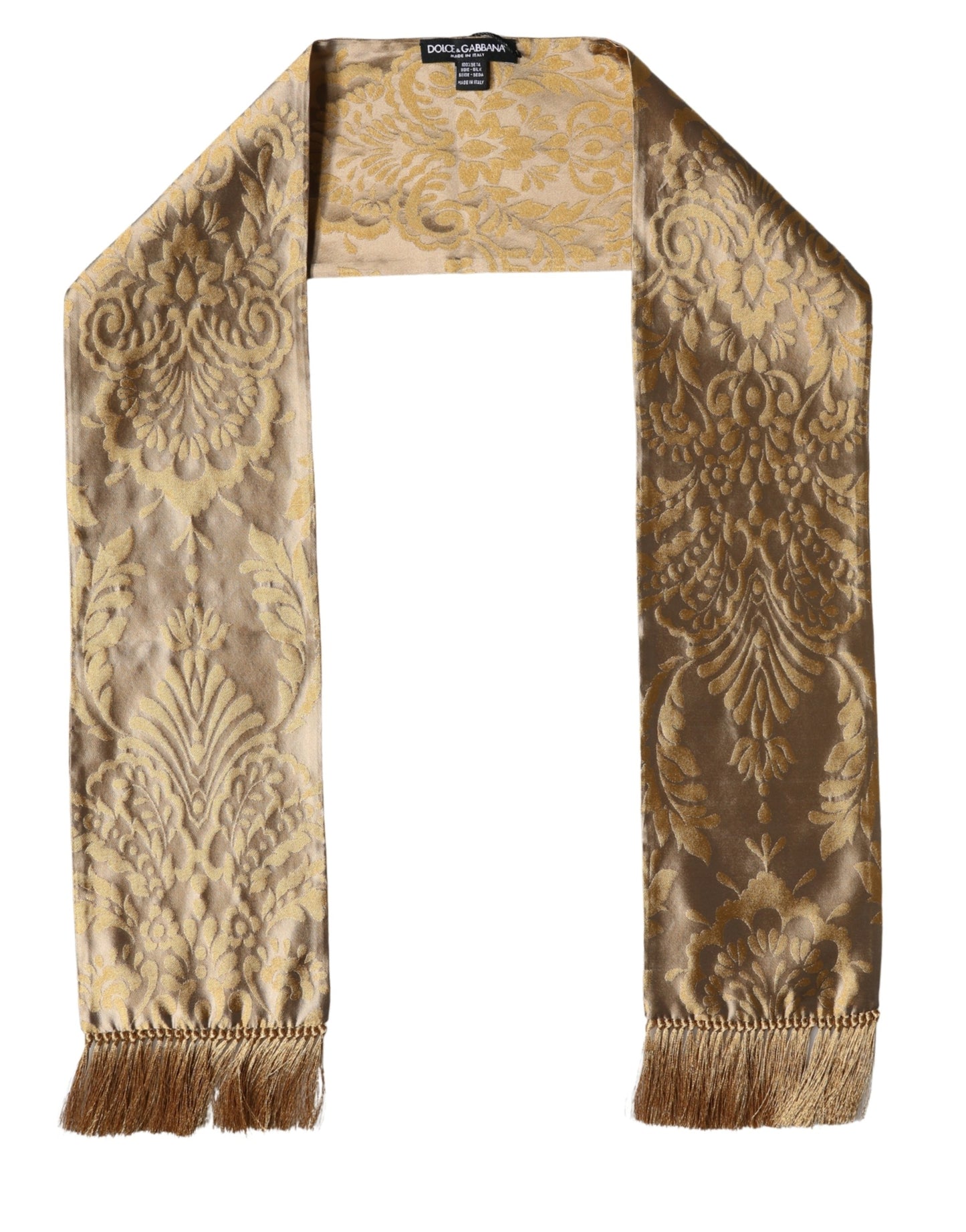 Gold Baroque Pattern Silk Blend Fringed 140cm X 15cm Scarf