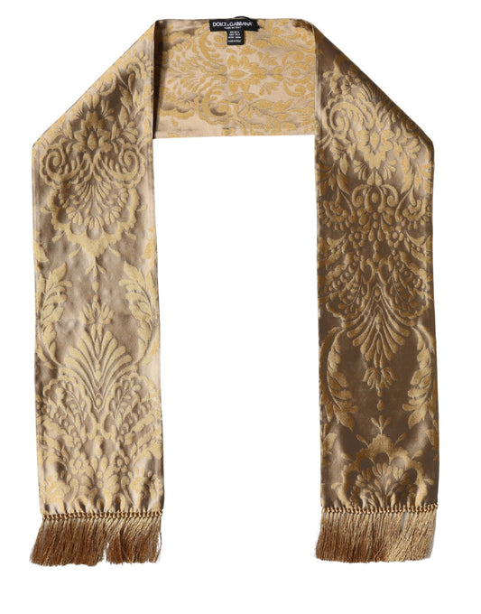 Gold Baroque Pattern Silk Blend Fringed 140cm X 15cm Scarf