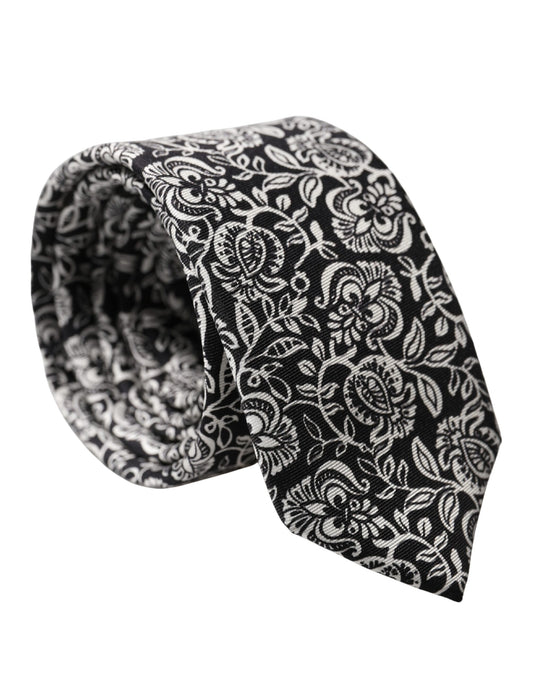 Black White Floral Fantasy Silk Adjustable Necktie Tie