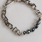Silver Tone Chain Lobster Clasp Logo Gray Pearls Bracelet