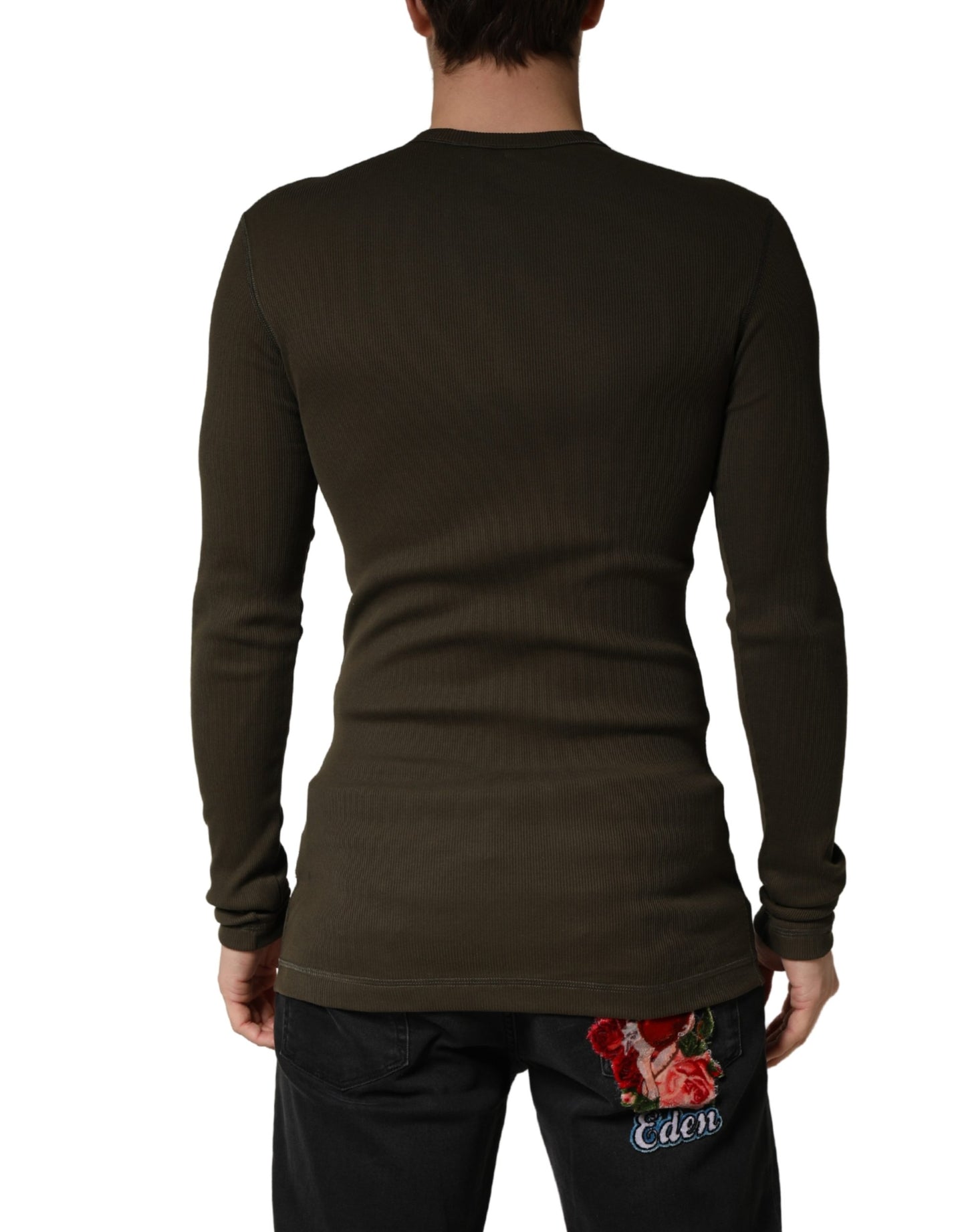 Brown Cotton Buttoned Henley Pullover Sweater
