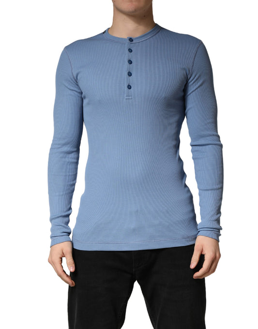 Blue Cotton Buttoned Henley Pullover Sweater