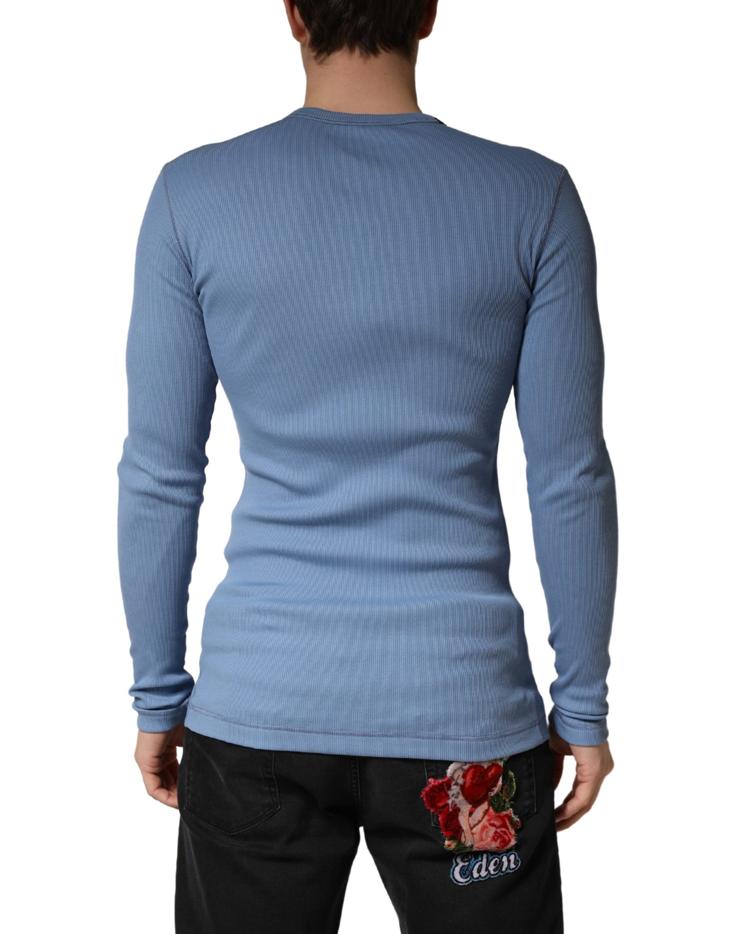 Blue Cotton Buttoned Henley Pullover Sweater