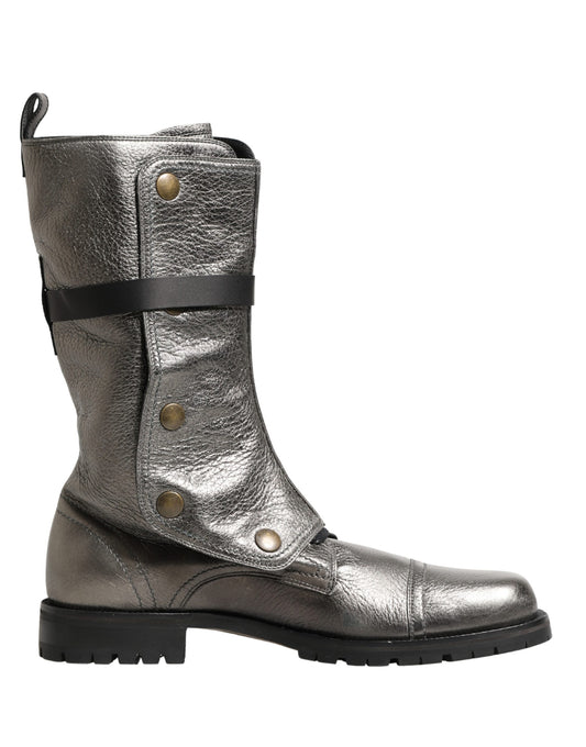 Metallic Silver Combat Biker Mid Calf Boots Shoes