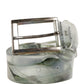 Men White Floral PVC Silver Metal Buckle Belt