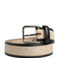 Men Beige Woven Leather Metal Buckle Belt
