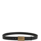 Black Classic Leather Logo Metal Buckle Belt