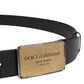 Black Classic Leather Logo Metal Buckle Belt