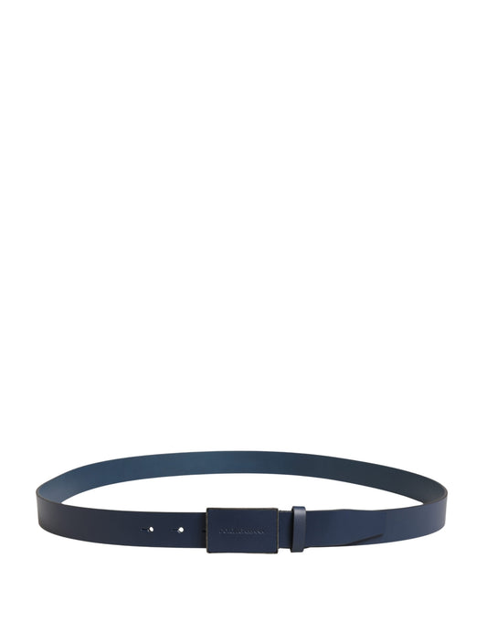 Men Blue Calf Leather Logo Metal Buckle Belt
