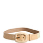 Beige Leather Logo Wide Waist Women Square Buckle Belt