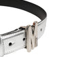 Silver Leather Logo Metal Buckle Waist Belt