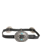 Black Turquoise Leather Embellished Oval Buckle Belt