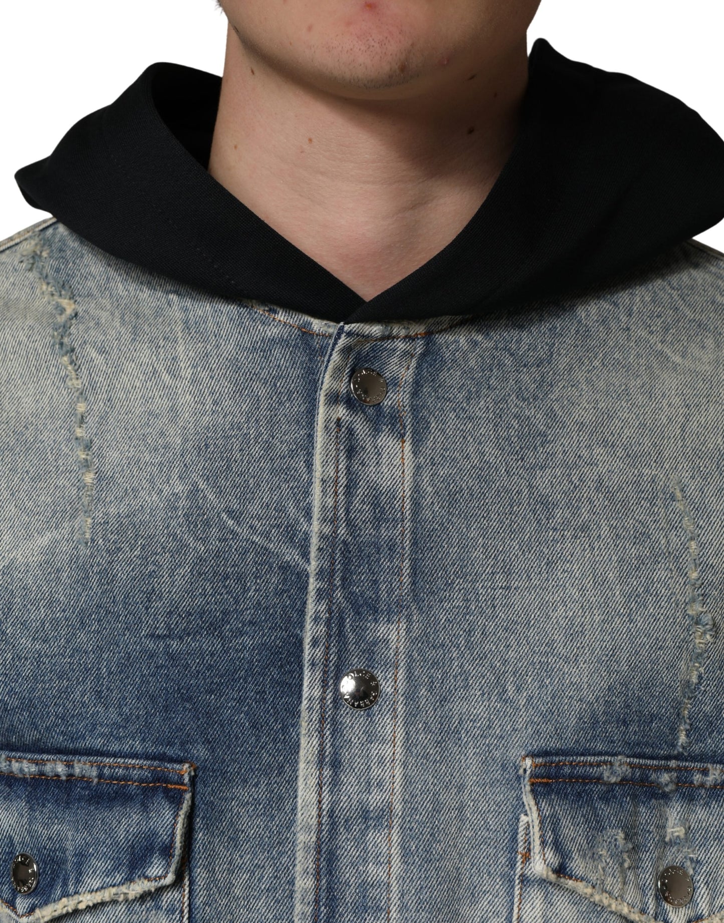 Blue Hooded Cotton Buttoned Denim Jacket