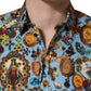 Blue Cotton Jewel Print Button Down GOLD Shirt