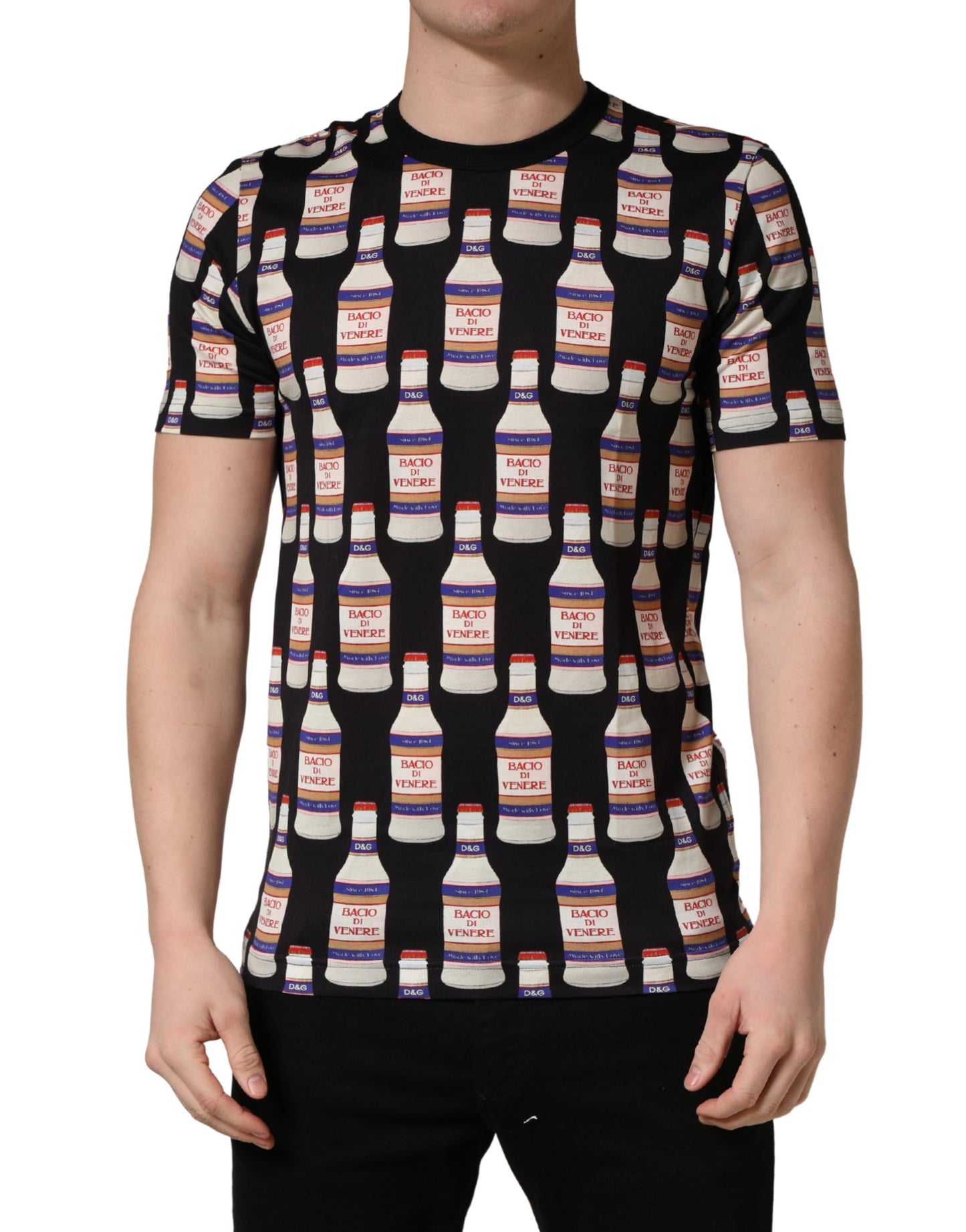 Black Bottle Print Cotton Crew Neck  T-shirt