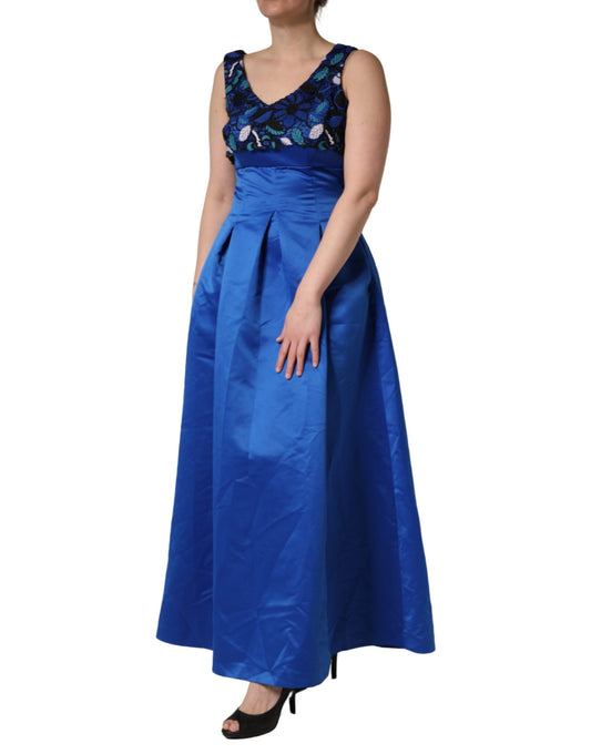 Royal Blue Floral Lace Sleeveless Long Gown Dress