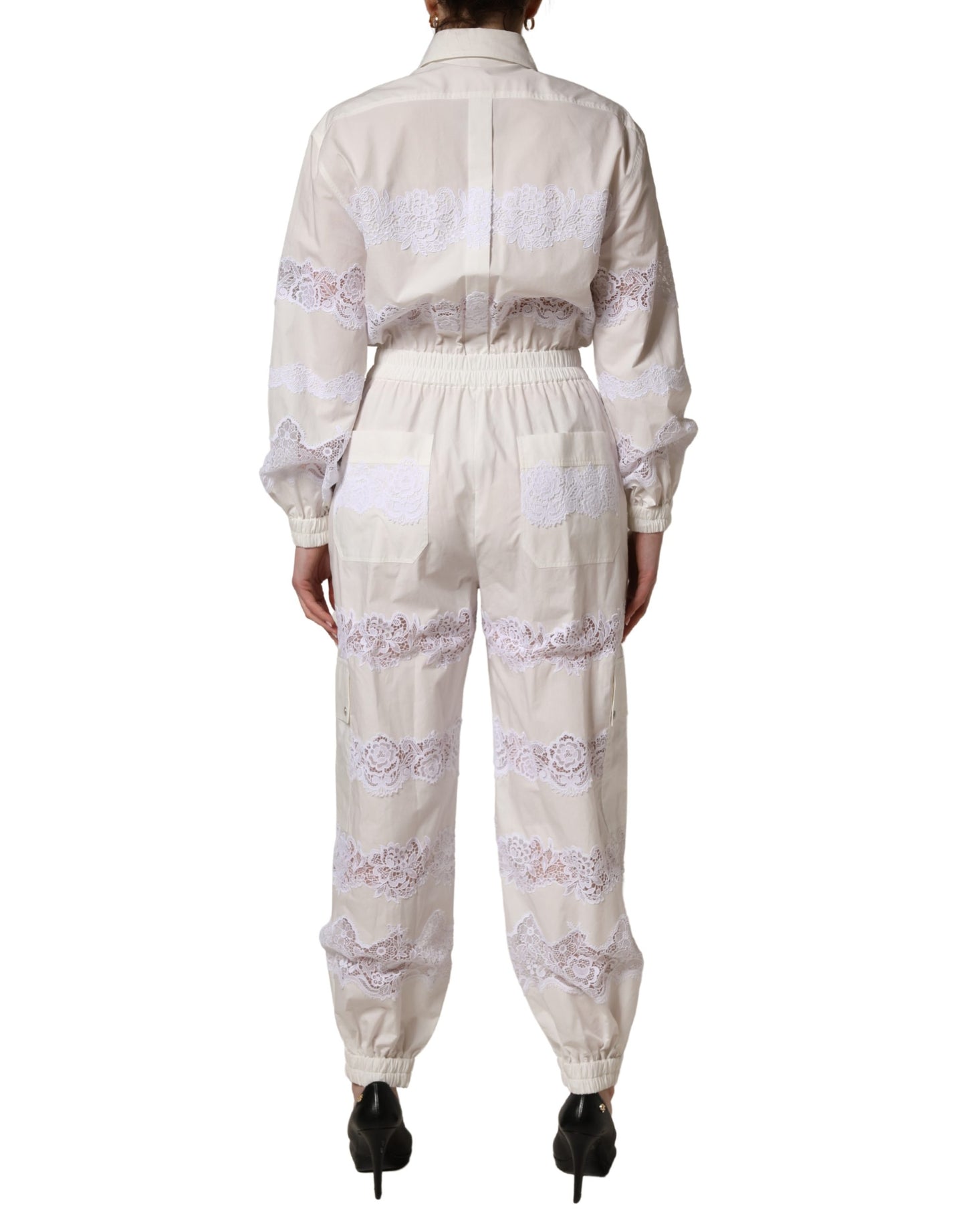 White Cotton Lace Trim Long Sleeves Jumpsuit