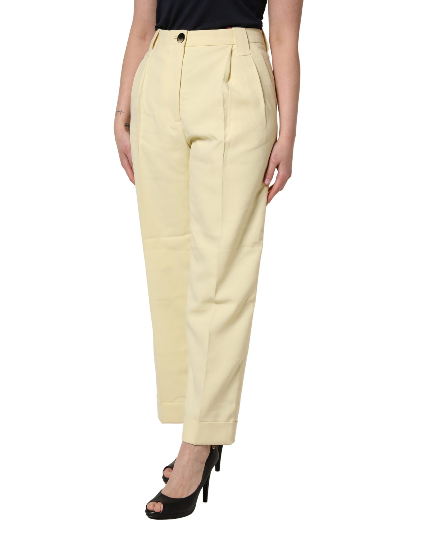 Yellow High Waisted Straight Pleated Trouser Pants