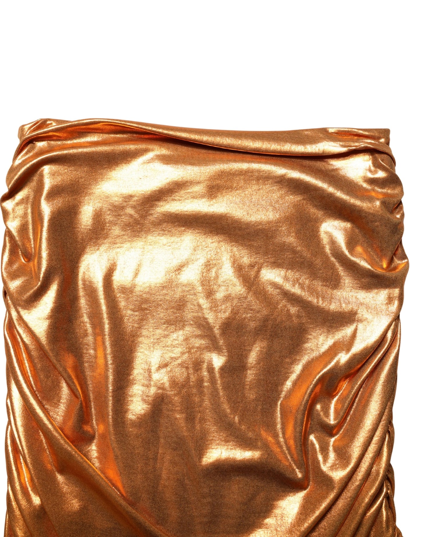 Metallic Orange Ruched Lame Bodycon Mini Skirt