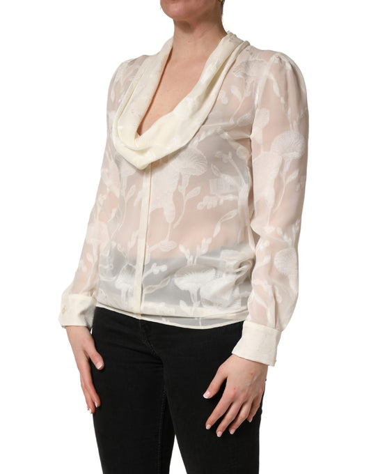 Off White Floral Semi Sheer Silk Blouse Top