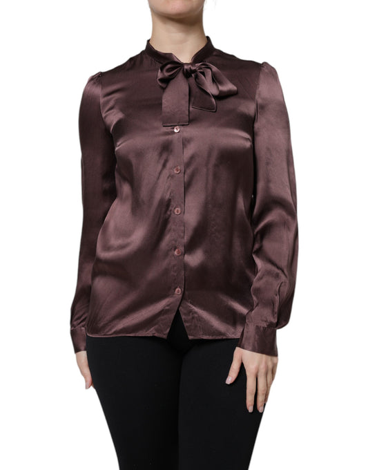 Violet Satin Long Sleeve Ascot Tie Shirt  Top