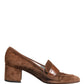 Brown Suede Block Heels Slip On Loafers Shoes