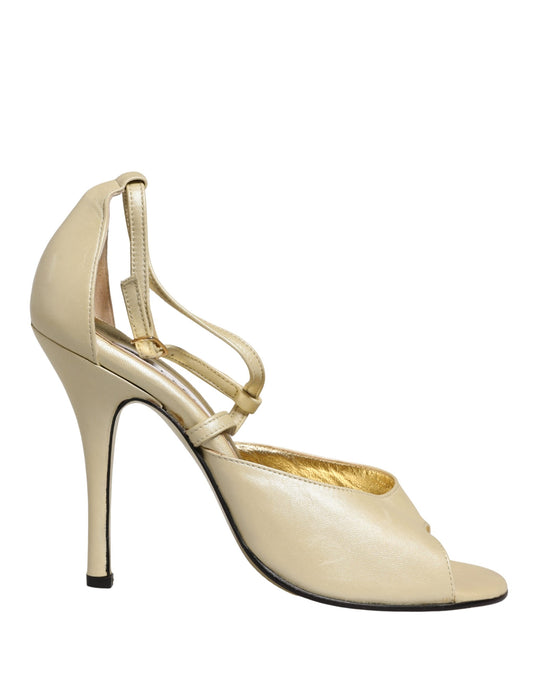 Beige Leather Stiletto Heels Sandals Shoes