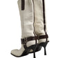 White Brown Fur Leather Mid Calf Boots Shoes