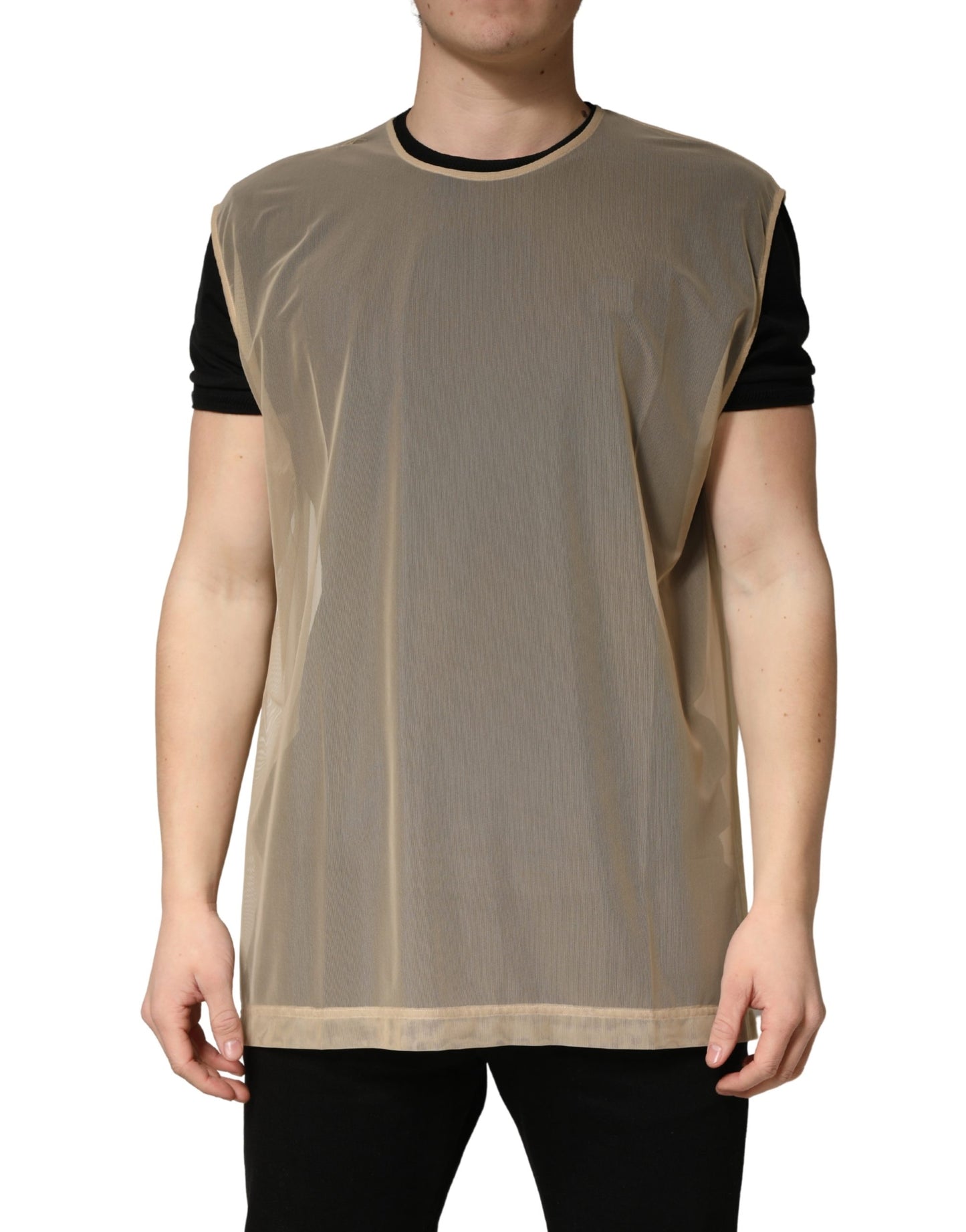 Beige Crew Neck Sleeveless Mesh Top  T-shirt